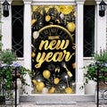Aperturee Black Gold Balloons Clock Happy New Year Door Cover